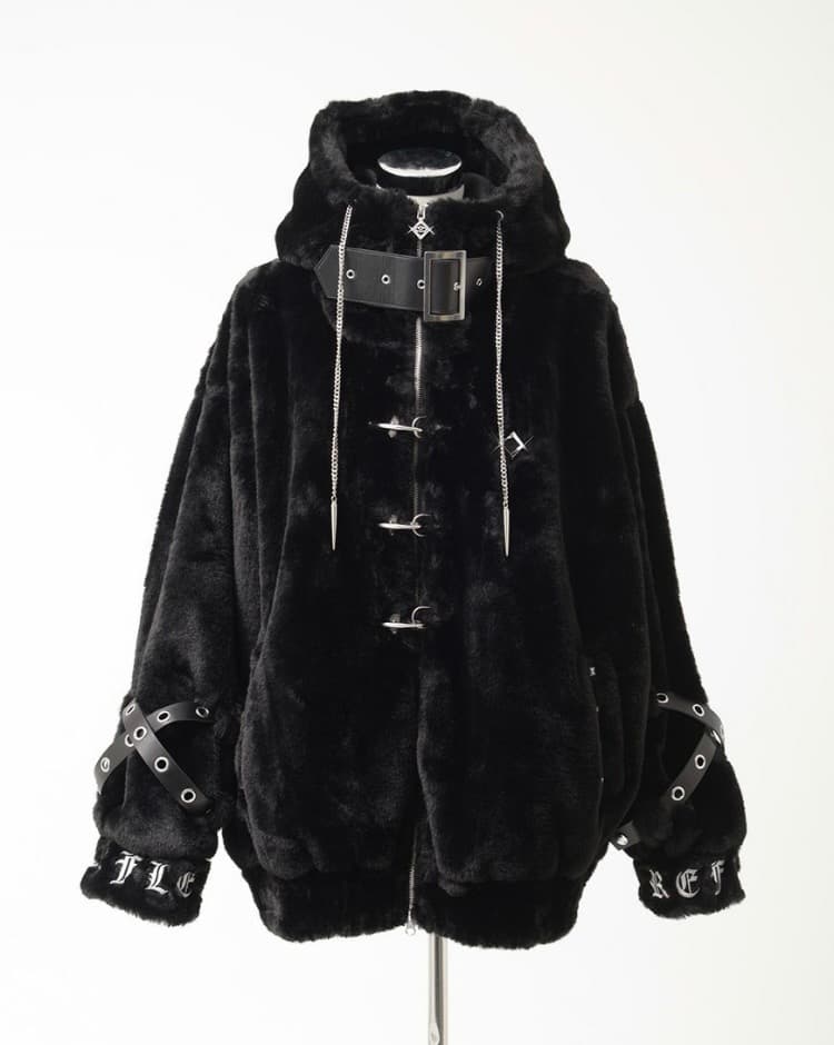 REFLEM【レフレム】ベルト付きハイネックファーパーカー　Black