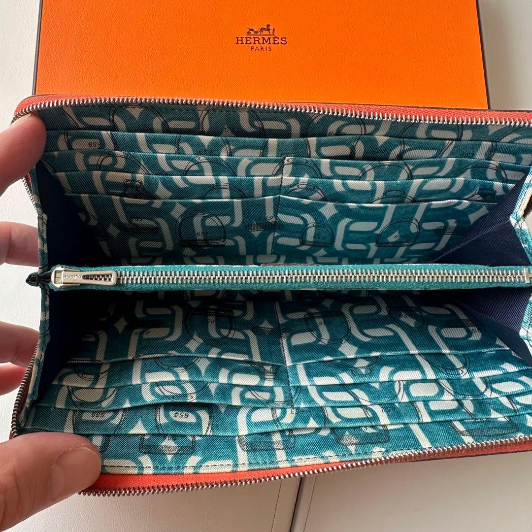 箱付 HERMES アザップロング シルクイン 財布 朱色