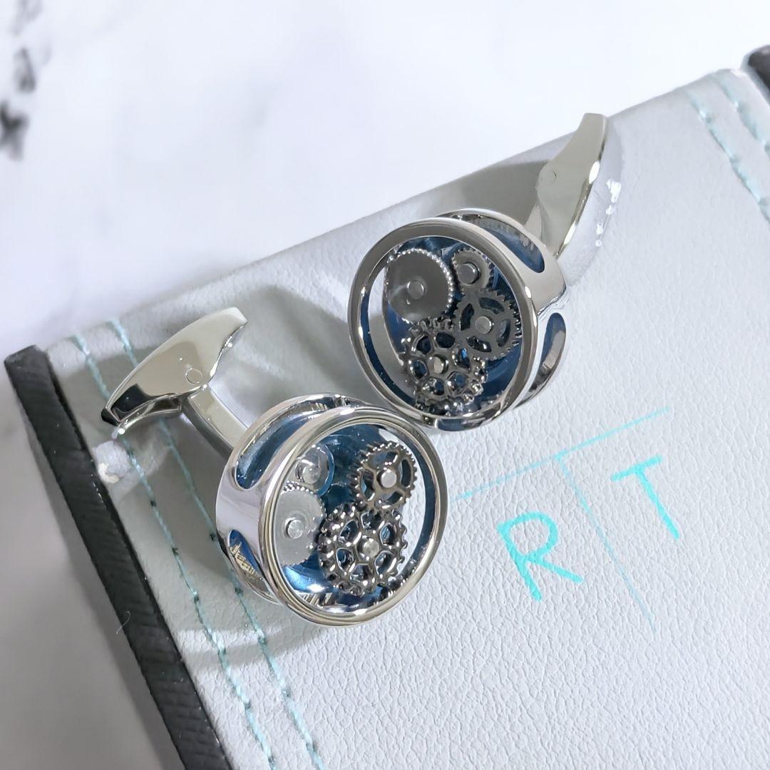 タテオシアンTATEOSSIANラウンド歯車ギアカフスボタン銀青シルバービジネス