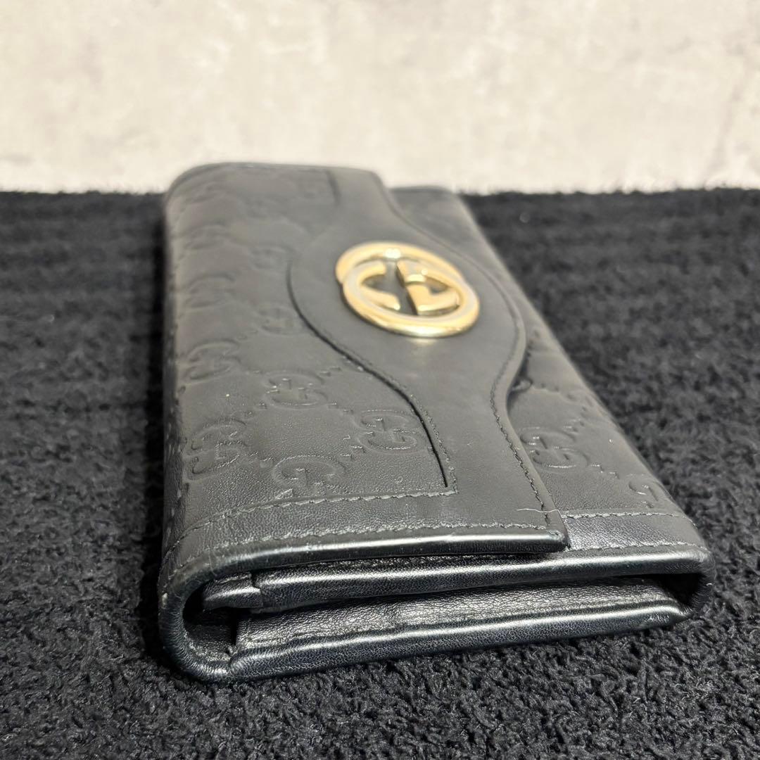 美品 GUCCI シマ インターロッキング フラップ ブラック 長財布