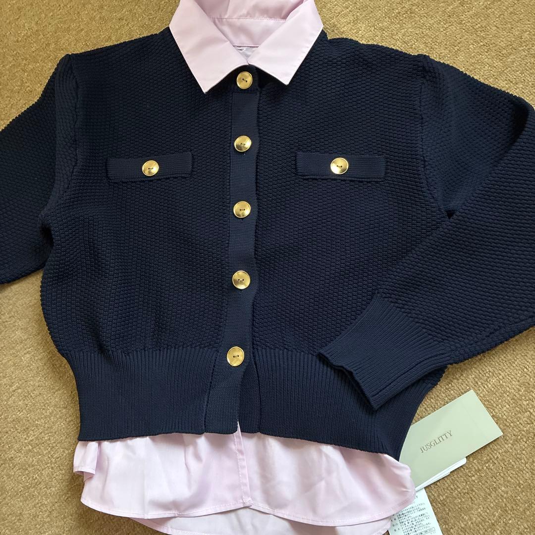 新品 ジャスグリッティー JUSGLITTY 衿付きカノコカーデガン Mネイビー
