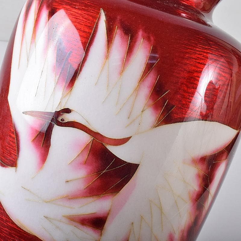 七宝焼　安藤七宝店　旭光釉双鶴文　花瓶　高さ約31㎝　台付　共箱　MR8333B