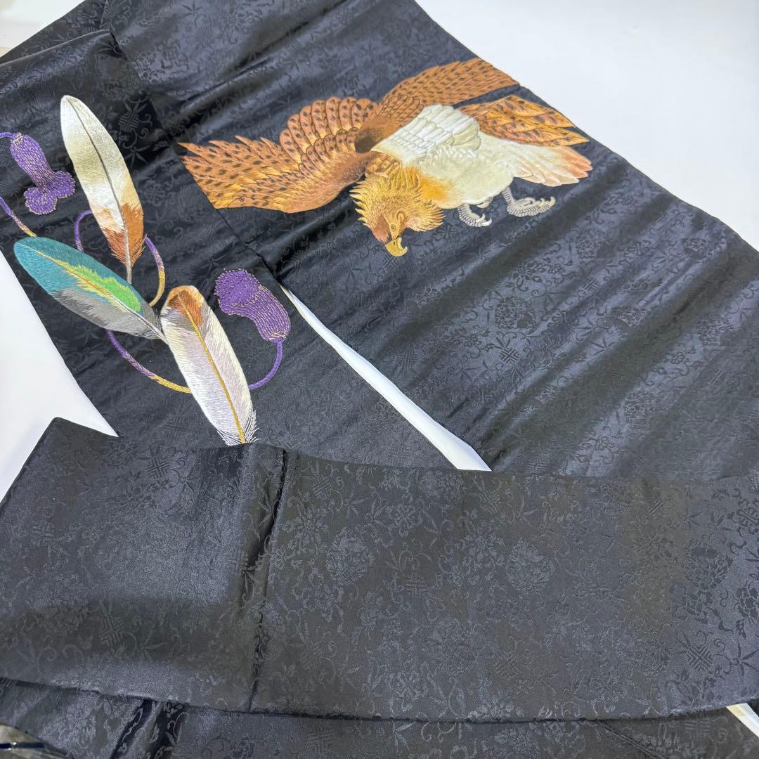 鷹の刺繍 名古屋帯 黒　アンティーク　刺繍帯　羽