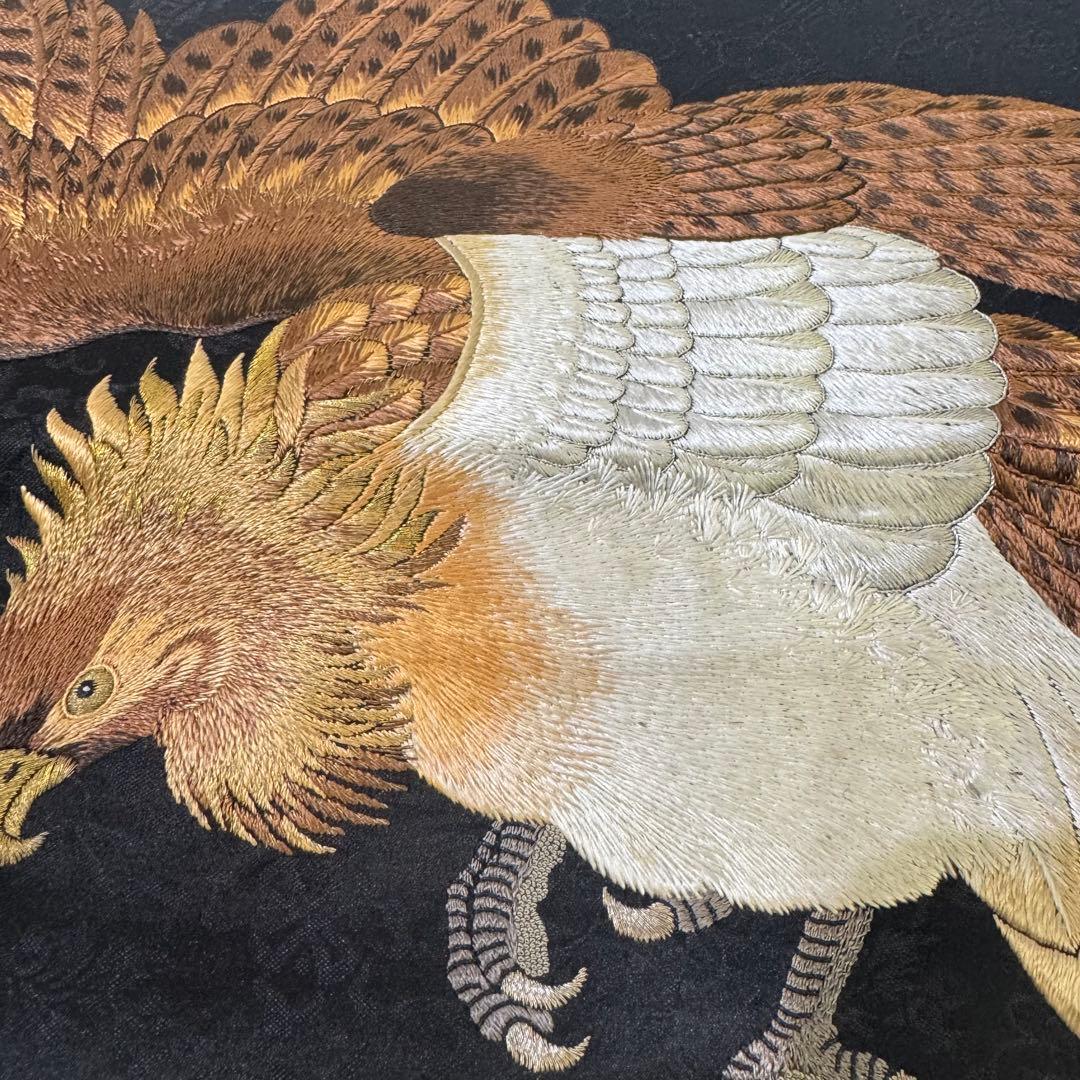 鷹の刺繍 名古屋帯 黒　アンティーク　刺繍帯　羽