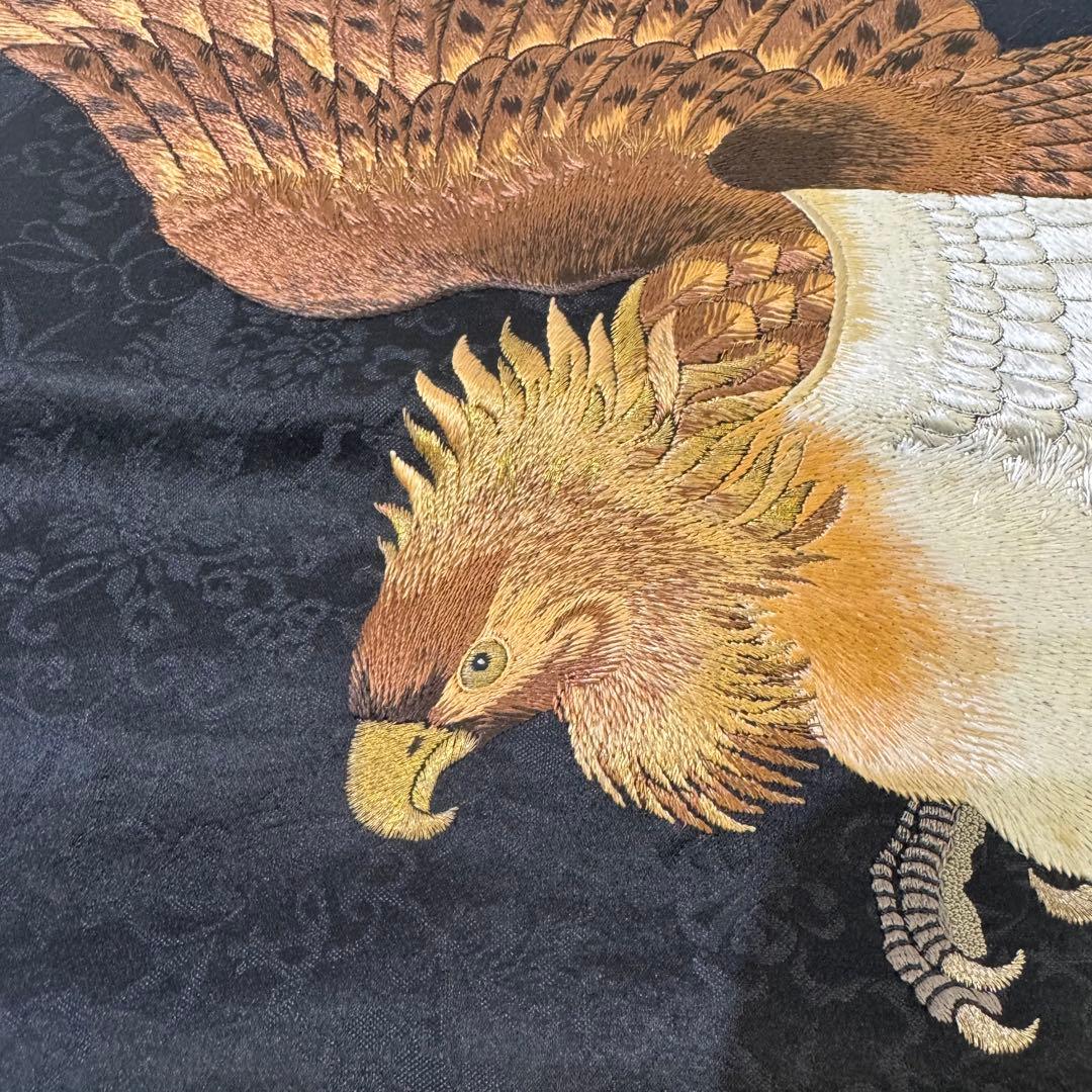 鷹の刺繍 名古屋帯 黒　アンティーク　刺繍帯　羽