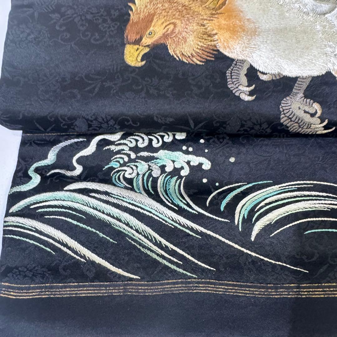 鷹の刺繍 名古屋帯 黒　アンティーク　刺繍帯　羽