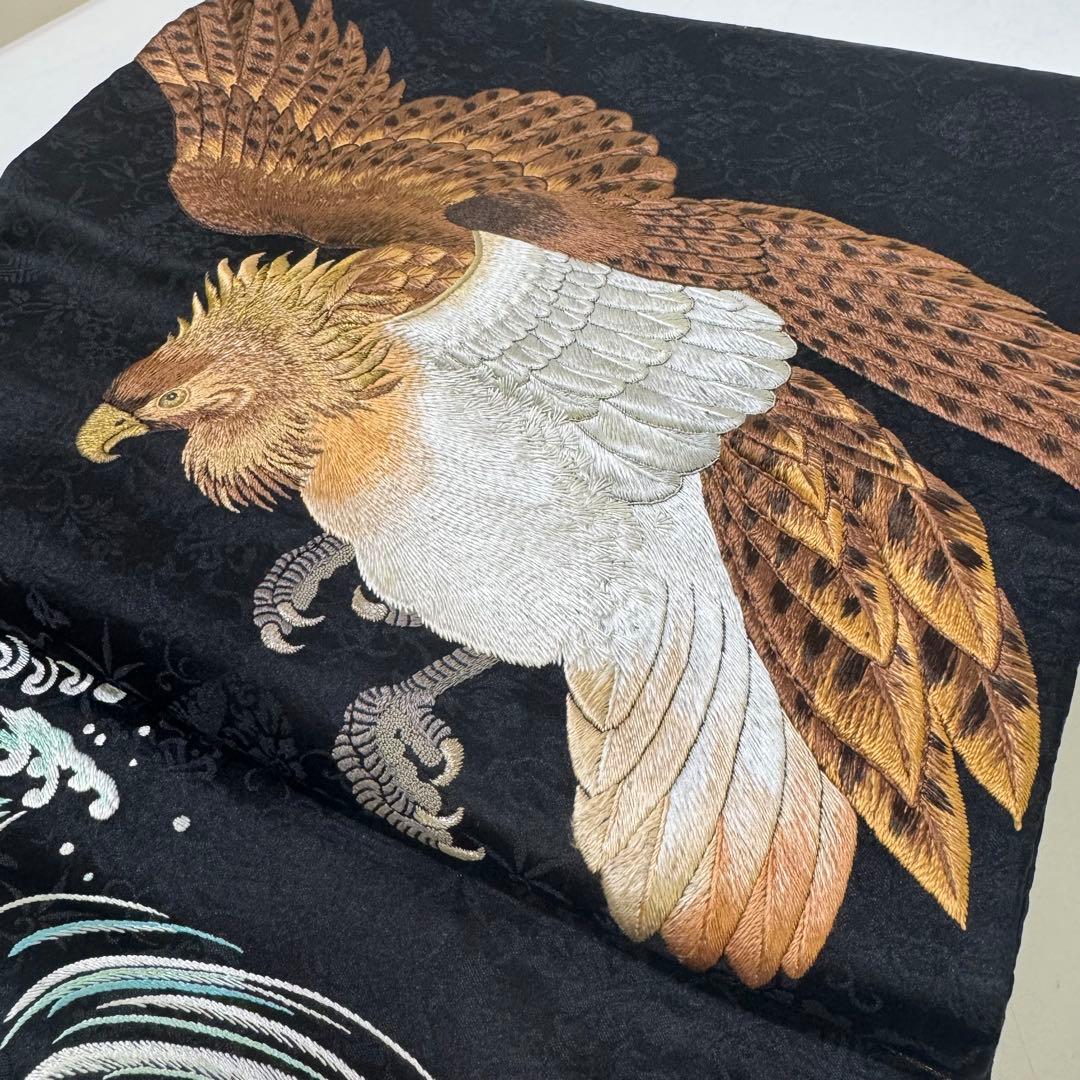 鷹の刺繍 名古屋帯 黒　アンティーク　刺繍帯　羽