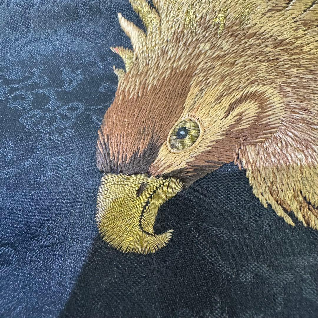 鷹の刺繍 名古屋帯 黒　アンティーク　刺繍帯　羽