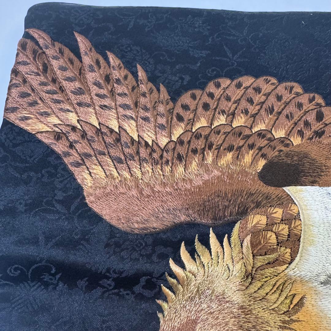 鷹の刺繍 名古屋帯 黒　アンティーク　刺繍帯　羽