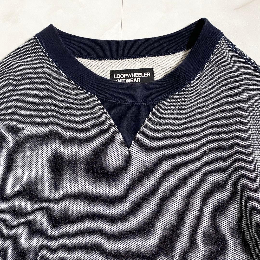 A18478 美品 ループウィラー 前V 吊り編みインレイクルーネック 紺系L