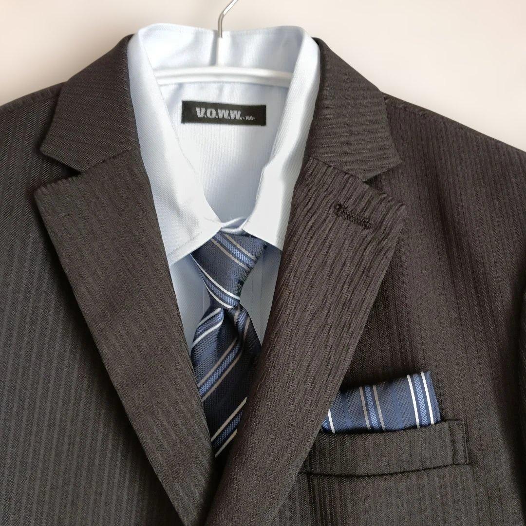 【良品】 スーツ ５点セット 男の子 160cm 黒 ストライプ