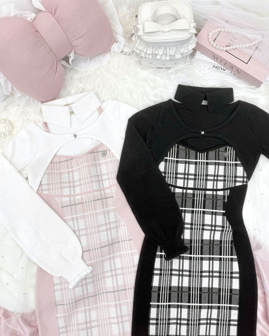 ミシェルマカロン　ハニーミュウ　チェックレイヤードアンサンブルワンピース　黒