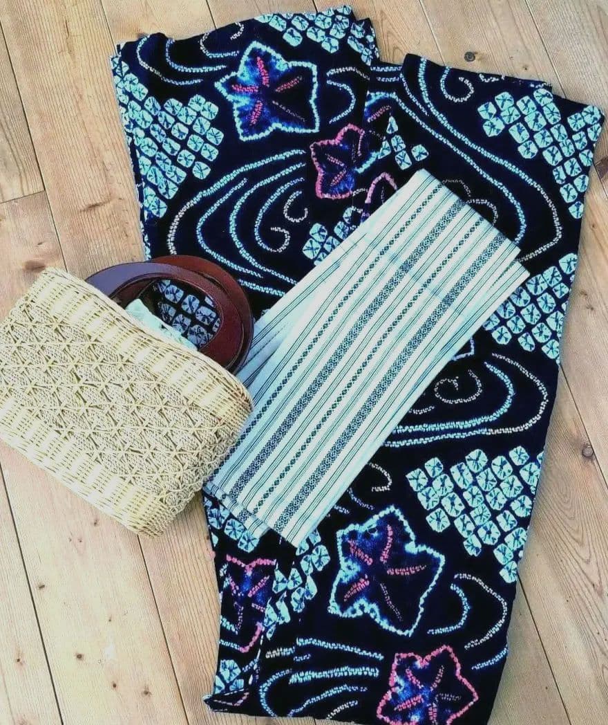 【濃紺】絞り浴衣/献上柄正絹半幅帯　セット