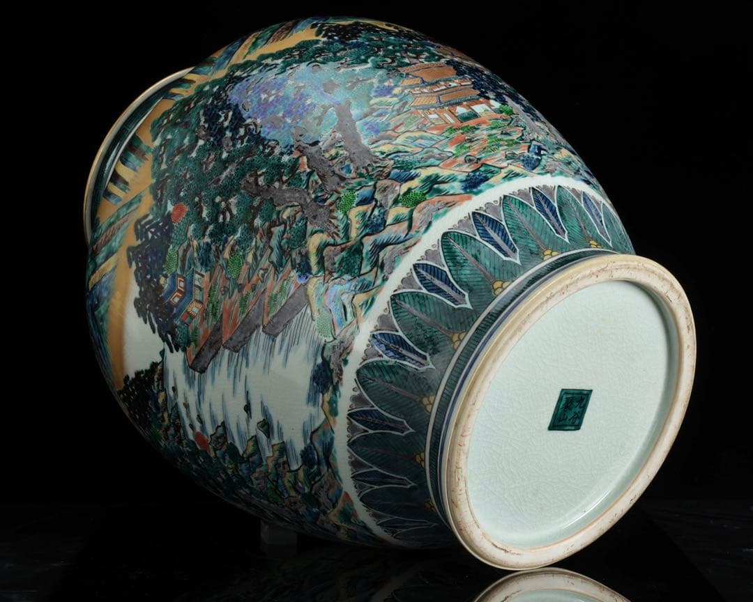 九谷焼 聚山作 金彩色絵 楼閣山水図 特大飾壺 高48㎝ 在銘 古美術 骨董品