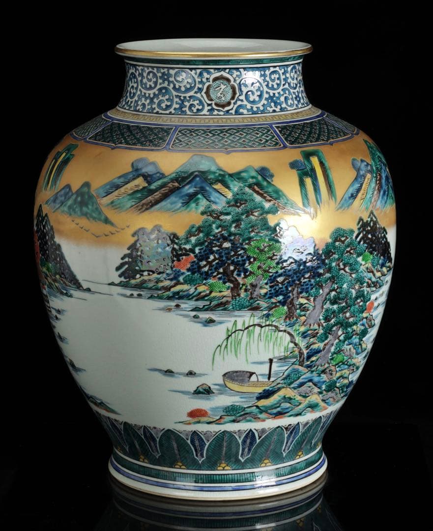九谷焼 聚山作 金彩色絵 楼閣山水図 特大飾壺 高48㎝ 在銘 古美術 骨董品