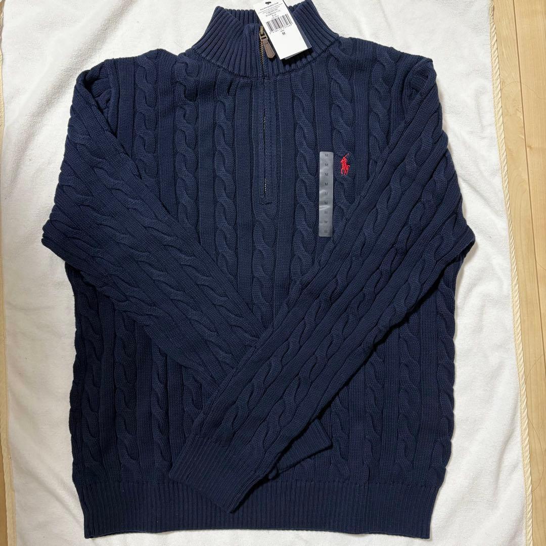 新品未使用 ポロラルフローレン ハーフジップ ケーブルニット M 紺 ネイビー