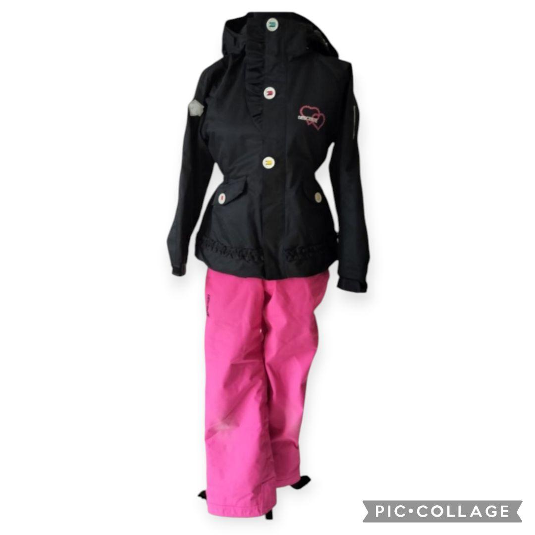 美品♡デサント♡フリルガールハート スキーウェア上下 ヒートナビ 黒ピンク150