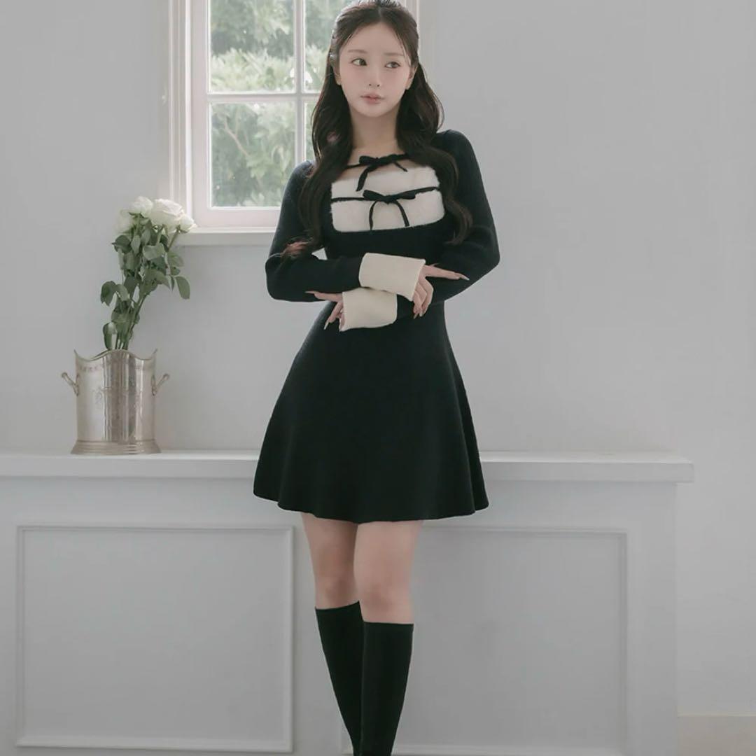 Darich リボンファーフレアニットミニワンピース FLサイズ ブラック