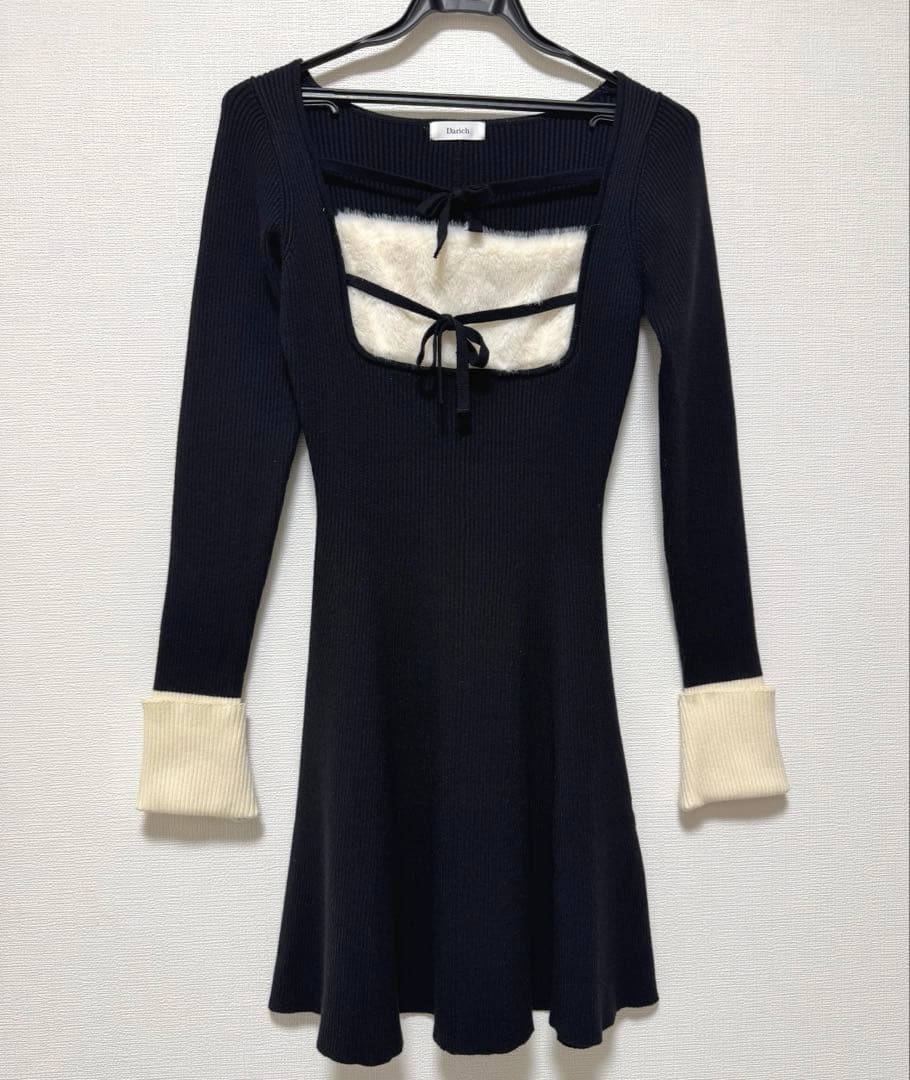 Darich リボンファーフレアニットミニワンピース FLサイズ ブラック