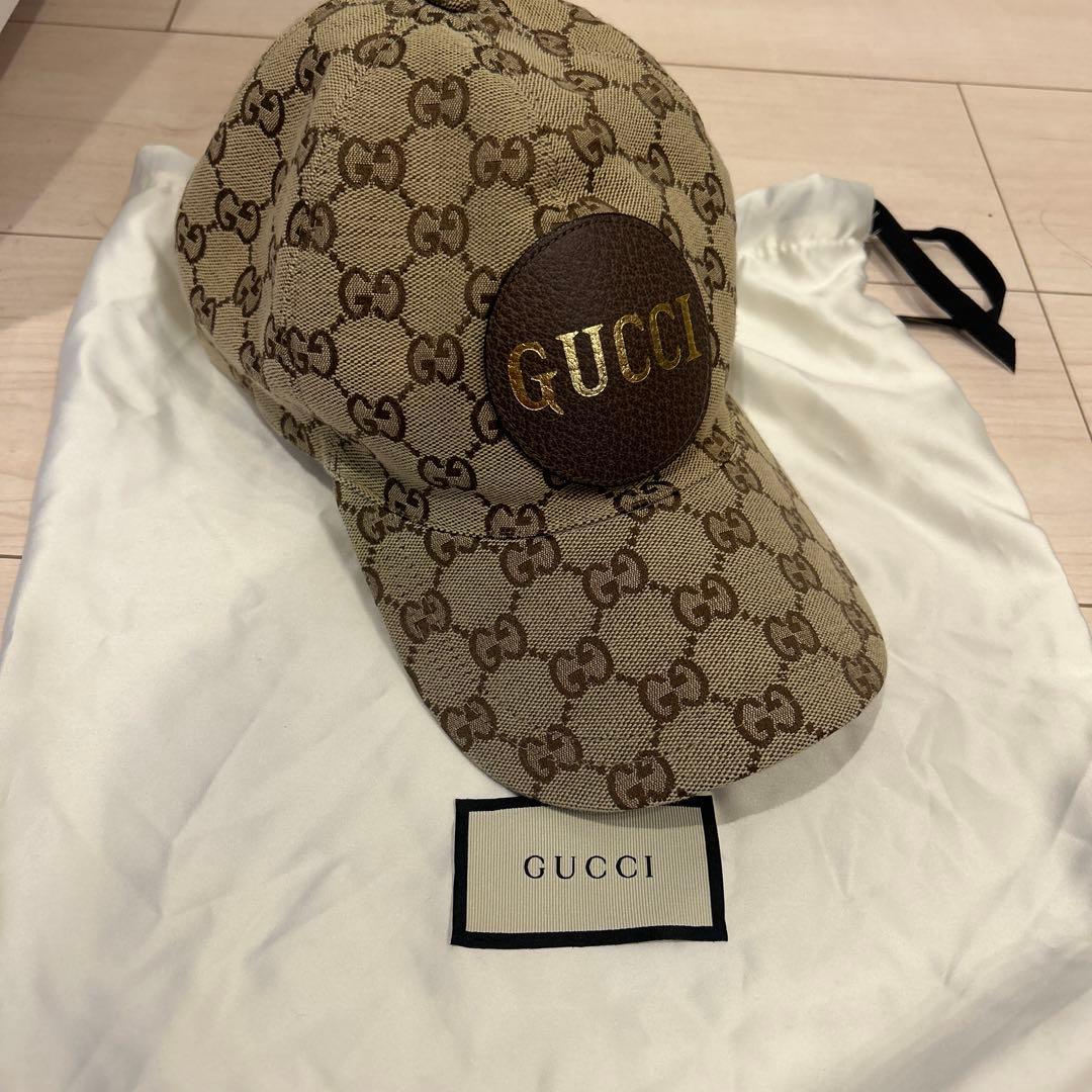 GUCCI ベースボールキャップ　GG柄レザーロゴワッペン　sizeL