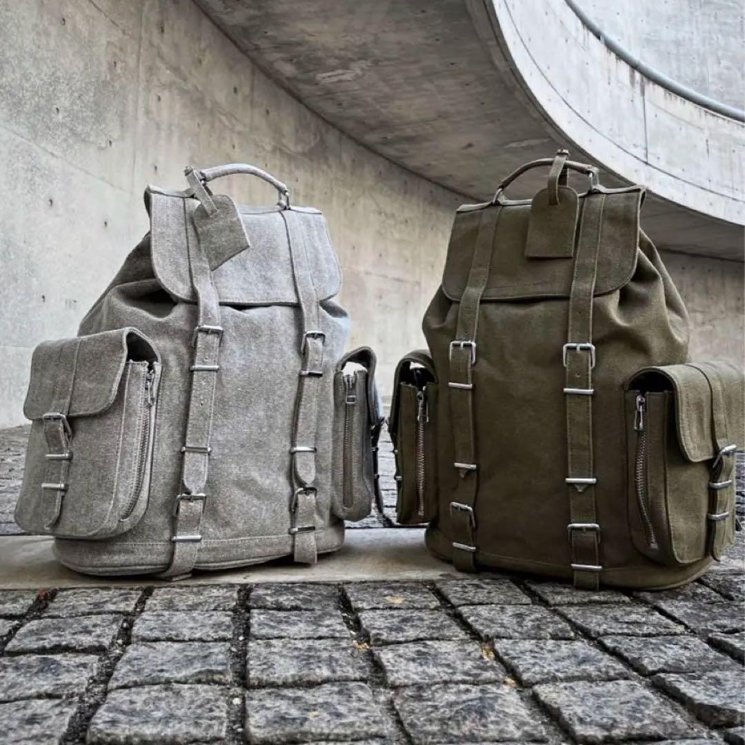ビンテージコットン　キャンバス生地　グレー・オリーブ リュック　バックパック
