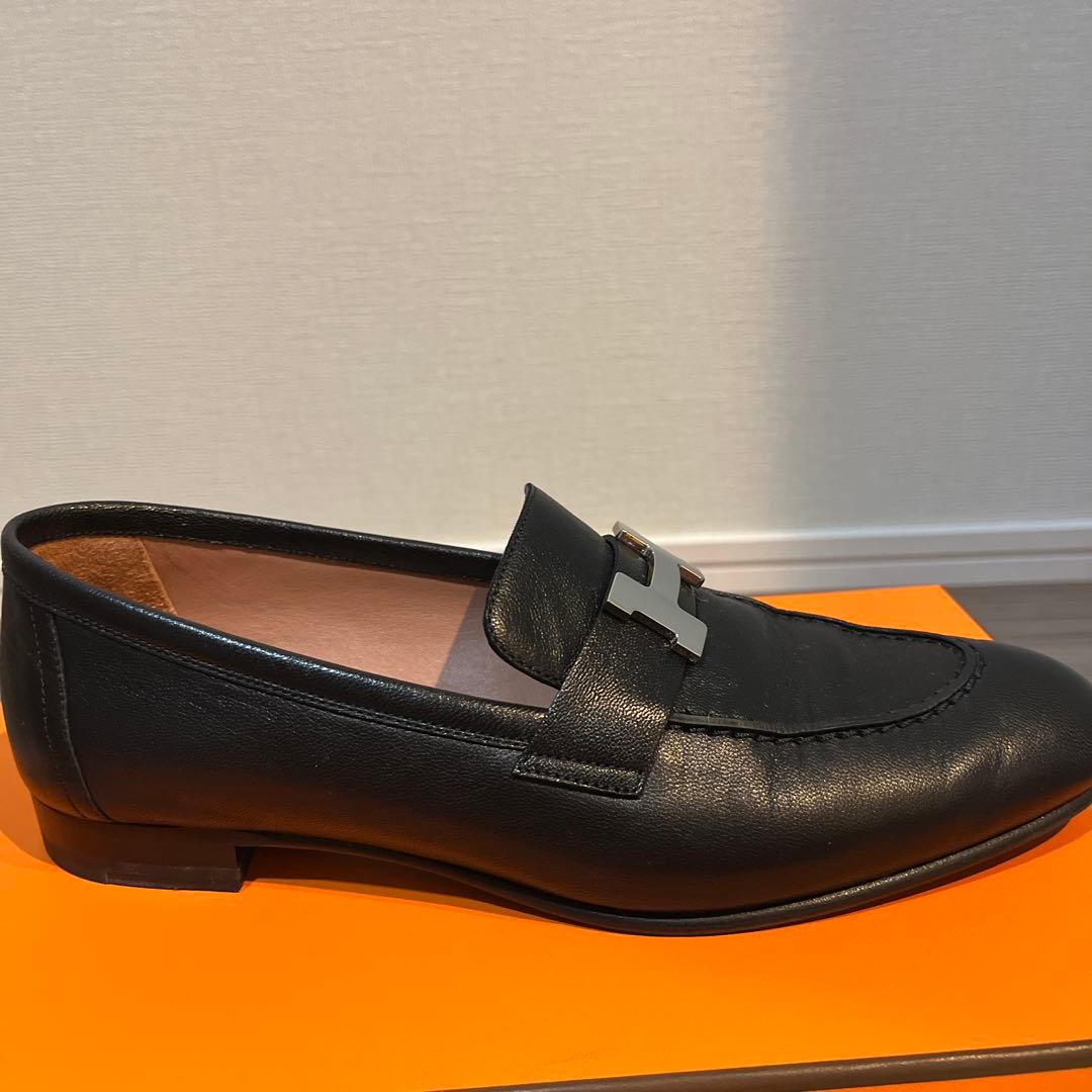 【ありがと】エルメス モカシンパリ 黒 シルバー　37.5