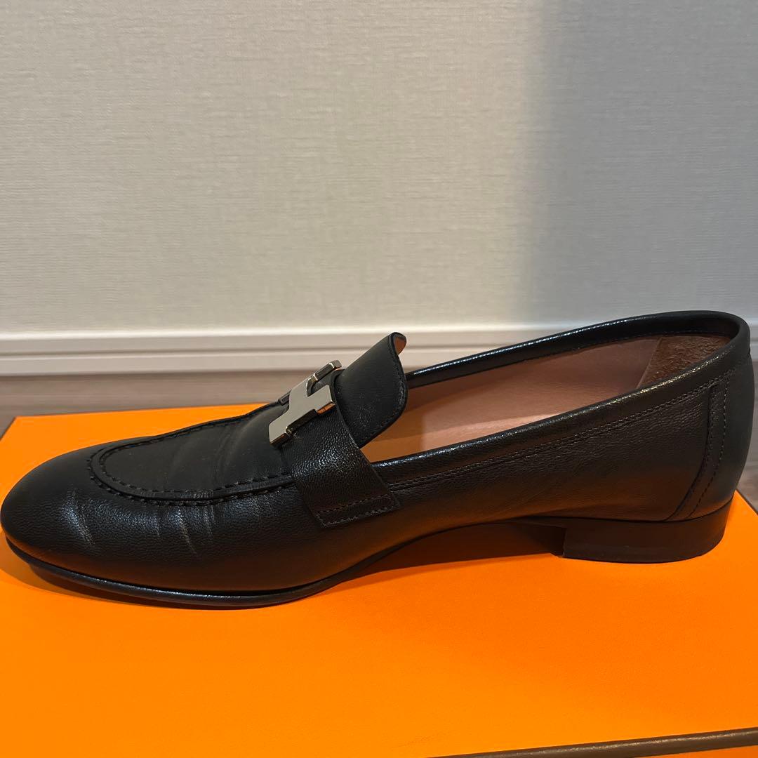 【ありがと】エルメス モカシンパリ 黒 シルバー　37.5