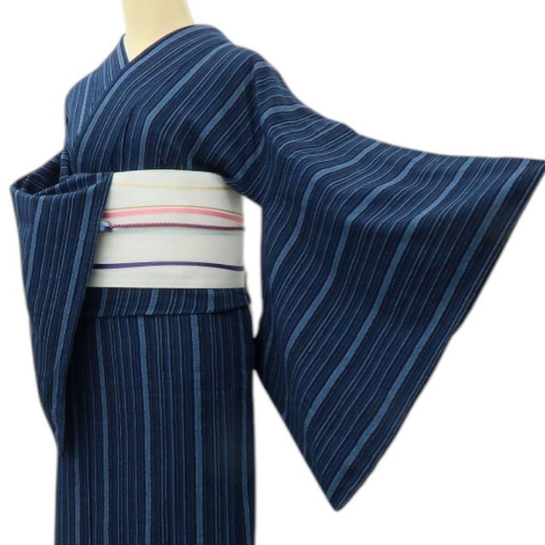 美品 綿 縦縞 しじら織 浴衣 洗える夏着物 着物 A3340