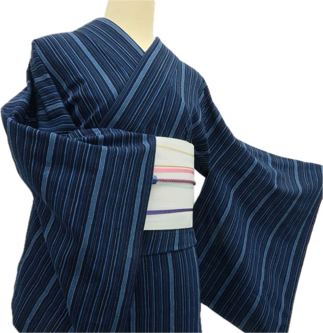 美品 綿 縦縞 しじら織 浴衣 洗える夏着物 着物 A3340