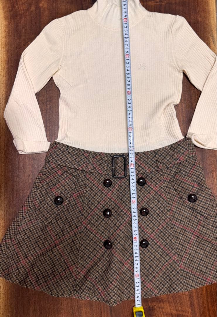 【セール】ベージュ タートルネック チェック柄スカート セット