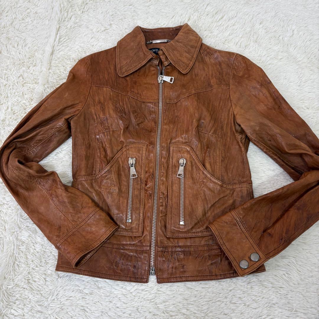 美品　ドルガバ　シングルライダースS 茶色　ラムレザー　色ムラ•シワ加工