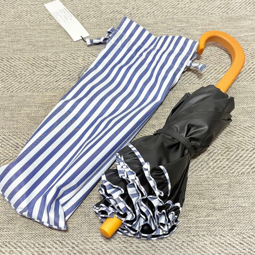 美品タグ付き　サンバリア100 折りたたみ日傘 2段折 フリル/ストライプ