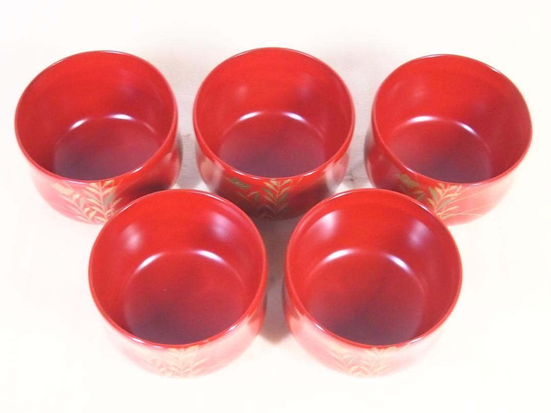 【美品】輪島塗 西久保田漆器店 朱塗 桔梗蒔絵 小吸物椀 5客 瓢型 漆器/食器