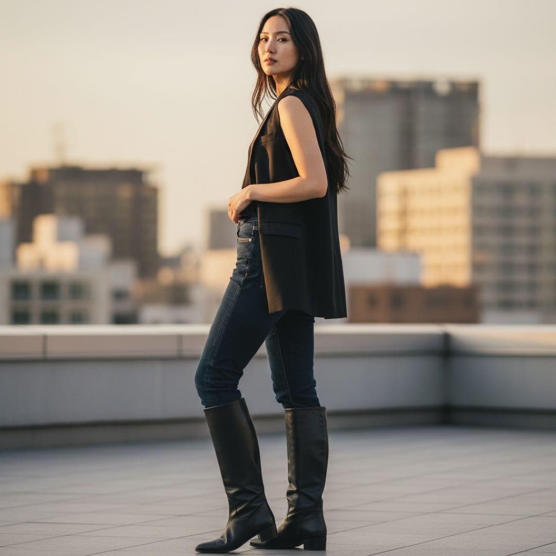 美品 リーファー ドレスジレ 38 黒 梨花 CHAMBRE ショールカラー