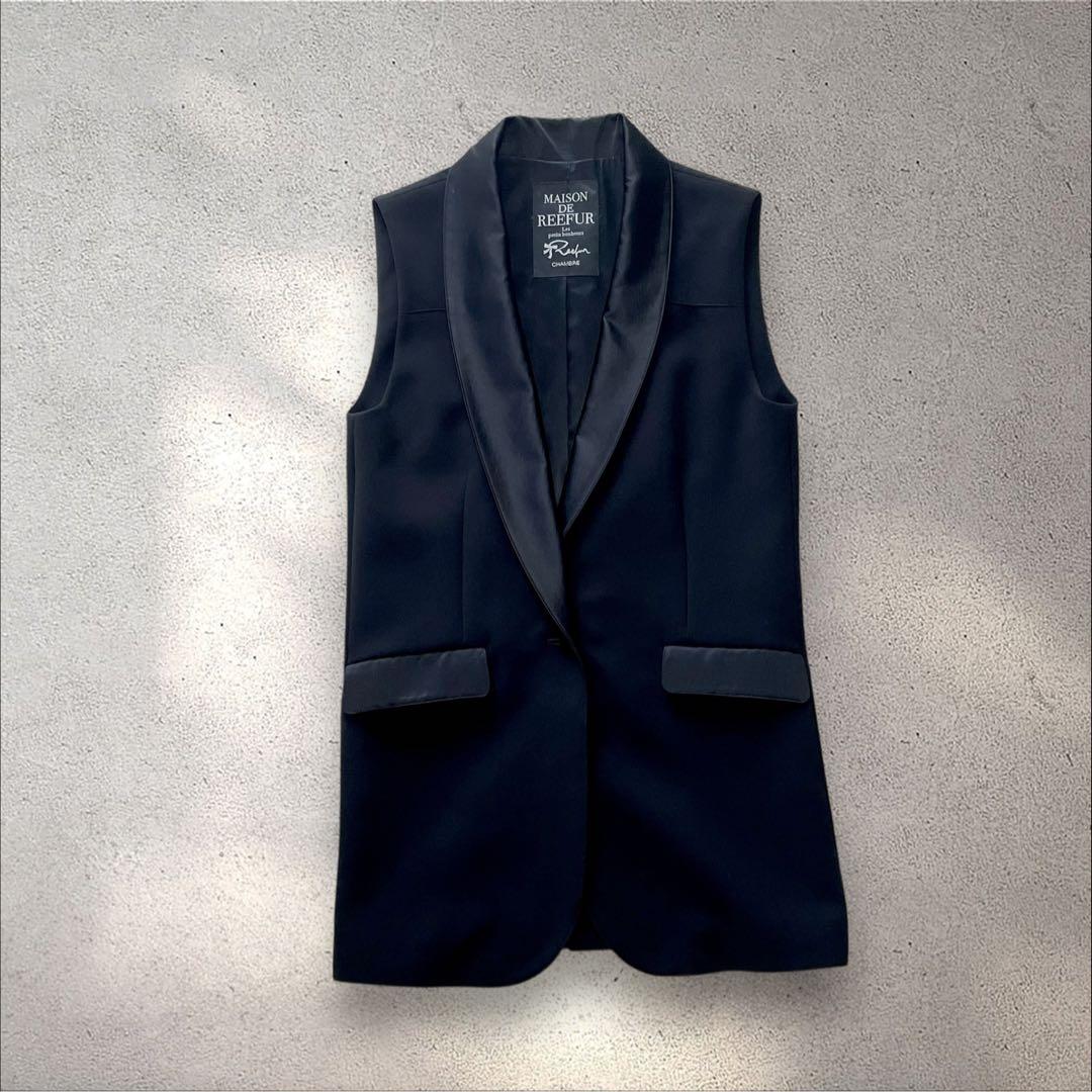 美品 リーファー ドレスジレ 38 黒 梨花 CHAMBRE ショールカラー