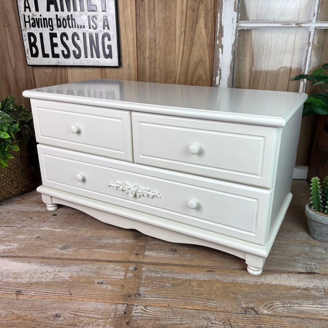 フレンチ調ホワイトチェスト横長木製収納家具姫系洋タンス飾り棚姫かわテレビ台TV台