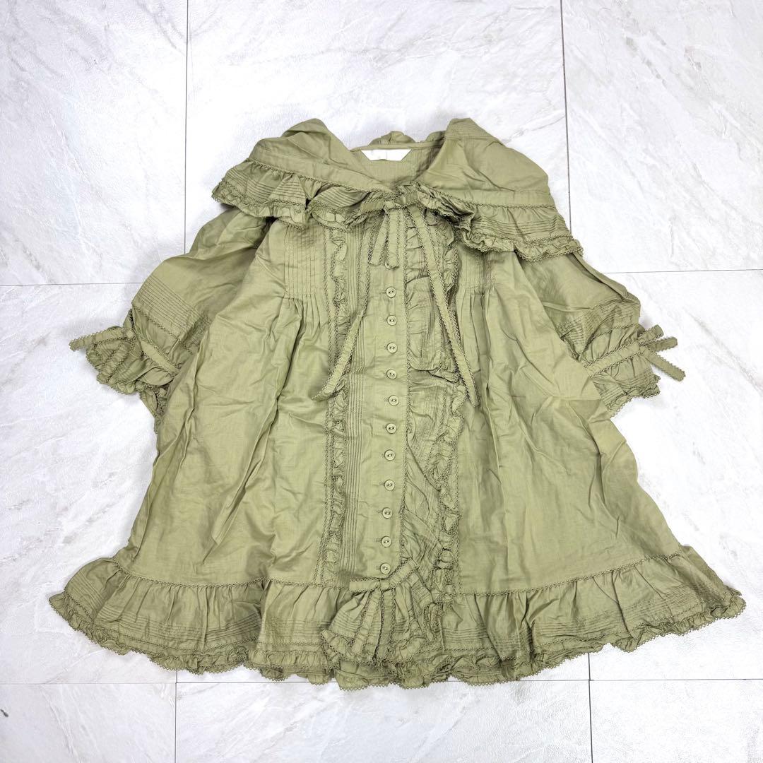 極美品 ピンクハウス ピコフリル ティアード リボン レース ブラウス グリーン