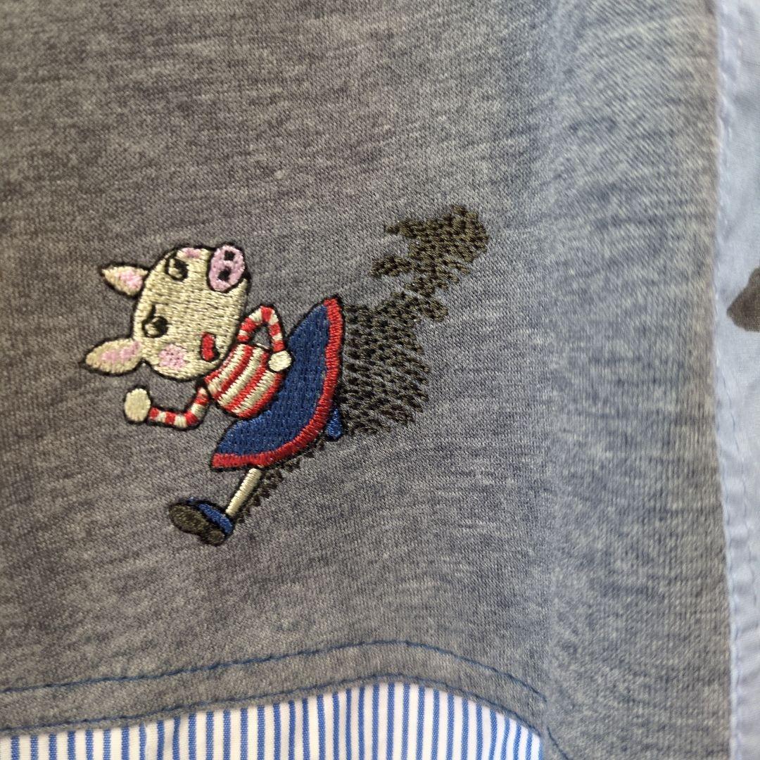 再値下げ！アルベロベロ♥️ぶたさん刺繍影絵　異素材パッチワークチュニック　ブルー