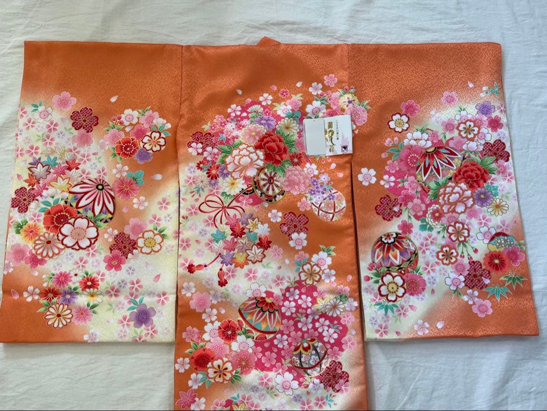 のしめ　オレンジ 花柄 お宮参り 着物