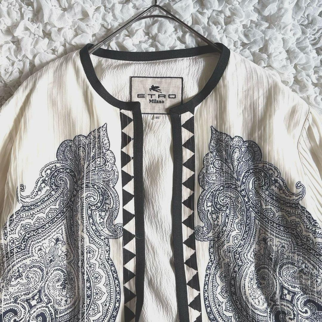 【極美品】 ETRO シルク ペイズリー 46 ノーカラージャケット プリーツ