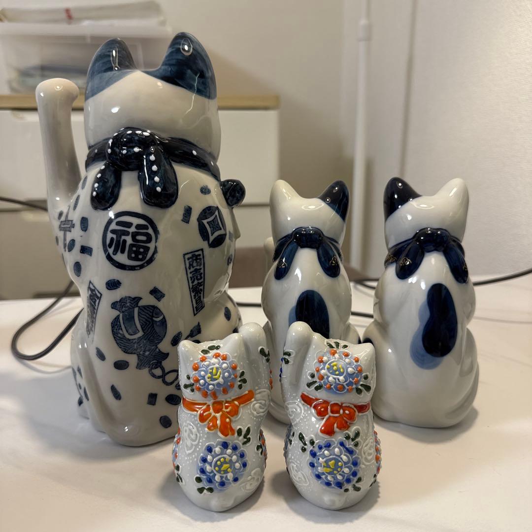 招き猫　薬師窯　陶器　千客万来　商売繁盛　開運　招福　金運満足　5点セット
