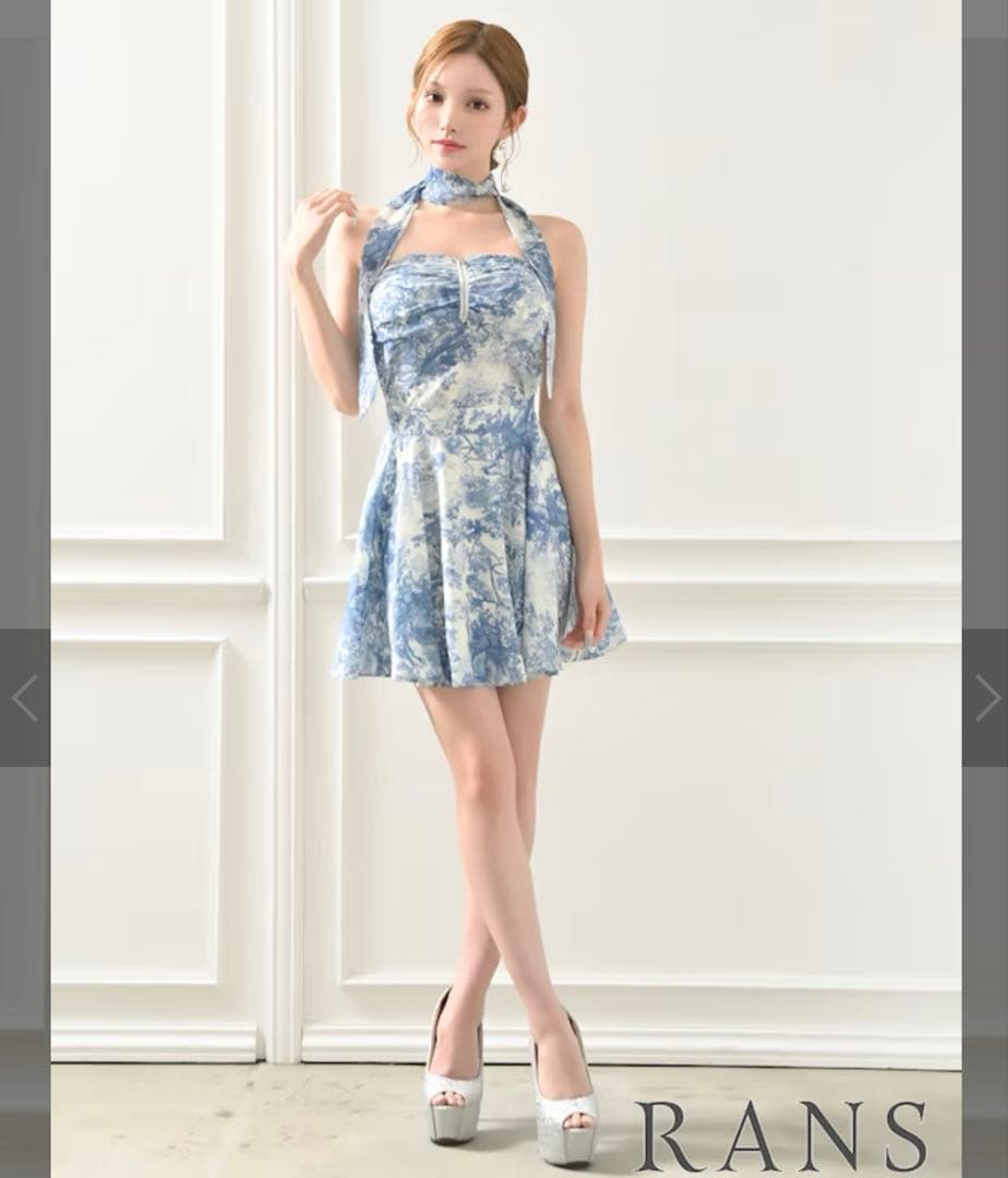 新品 未着用 RANS キャバ ドレス ブルー 花柄 フレア ミニ S