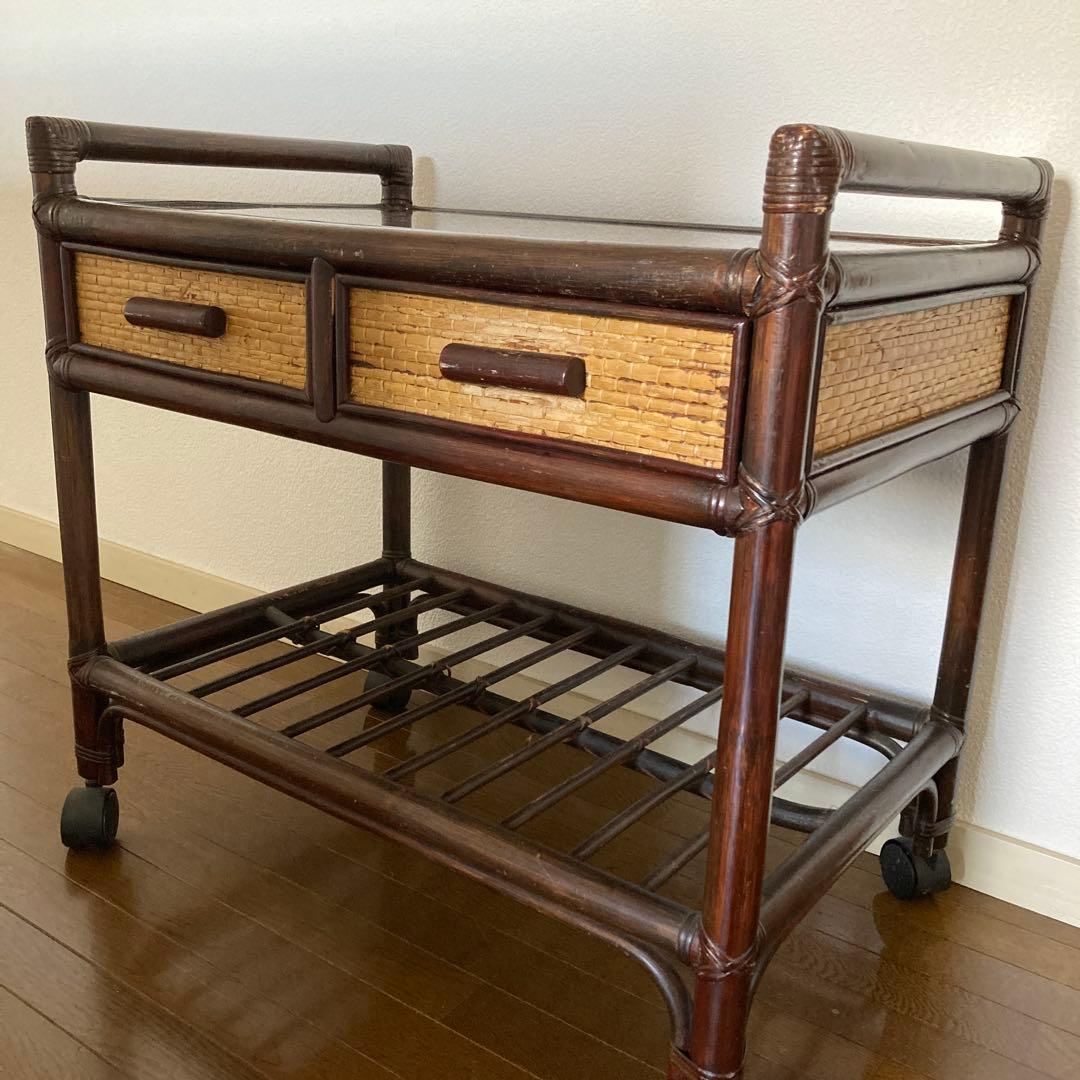 【只今お値引き中・希少品】天然木ラタン籐ワゴン】引き出し2個付き
