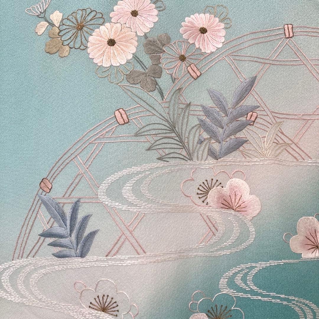 ★淡い水浅葱色　身丈157 刺繍　訪問着　着物　NO44 フルセット可