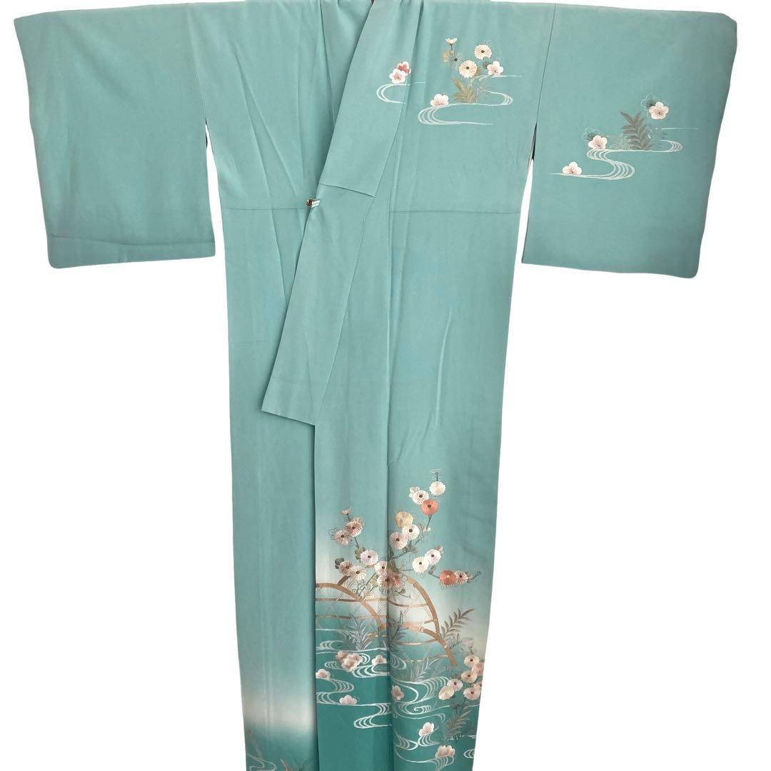 ★淡い水浅葱色　身丈157 刺繍　訪問着　着物　NO44 フルセット可