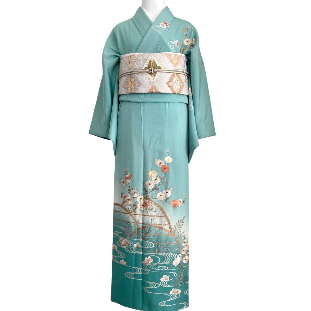 ★淡い水浅葱色　身丈157 刺繍　訪問着　着物　NO44 フルセット可