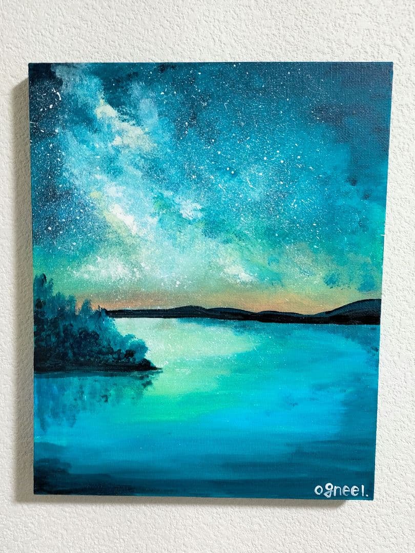 【夜光湖】　F3キャンバス　アクリル画　原画　一点物　風景画　夜景