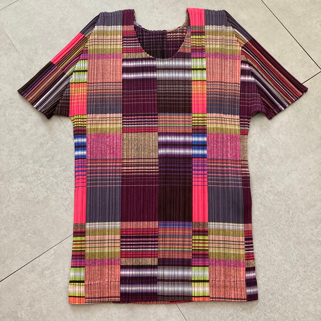 イッセイミヤケpleats please半袖シャツ　パッチワーク総柄　サイズ3