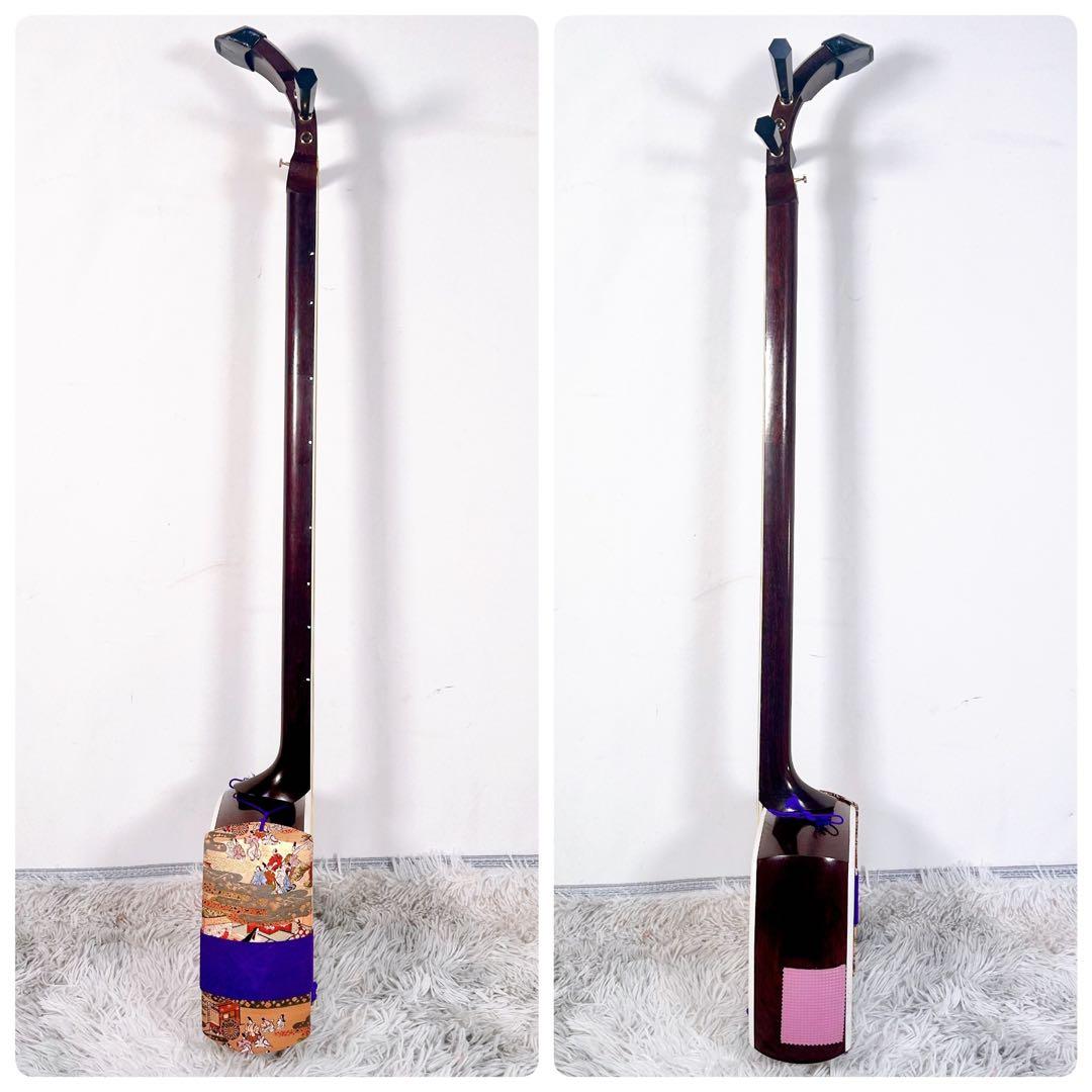 【希少】民謡三味線　中棹　紅木　正寸　二本溝　丸打胴　皮やぶれなし　天神欠けなし