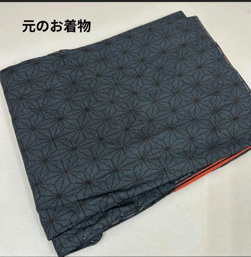 着物リメイク♧大島紬Aラインフリルワンピース♧紺地長袖ストールリボン付き正絹